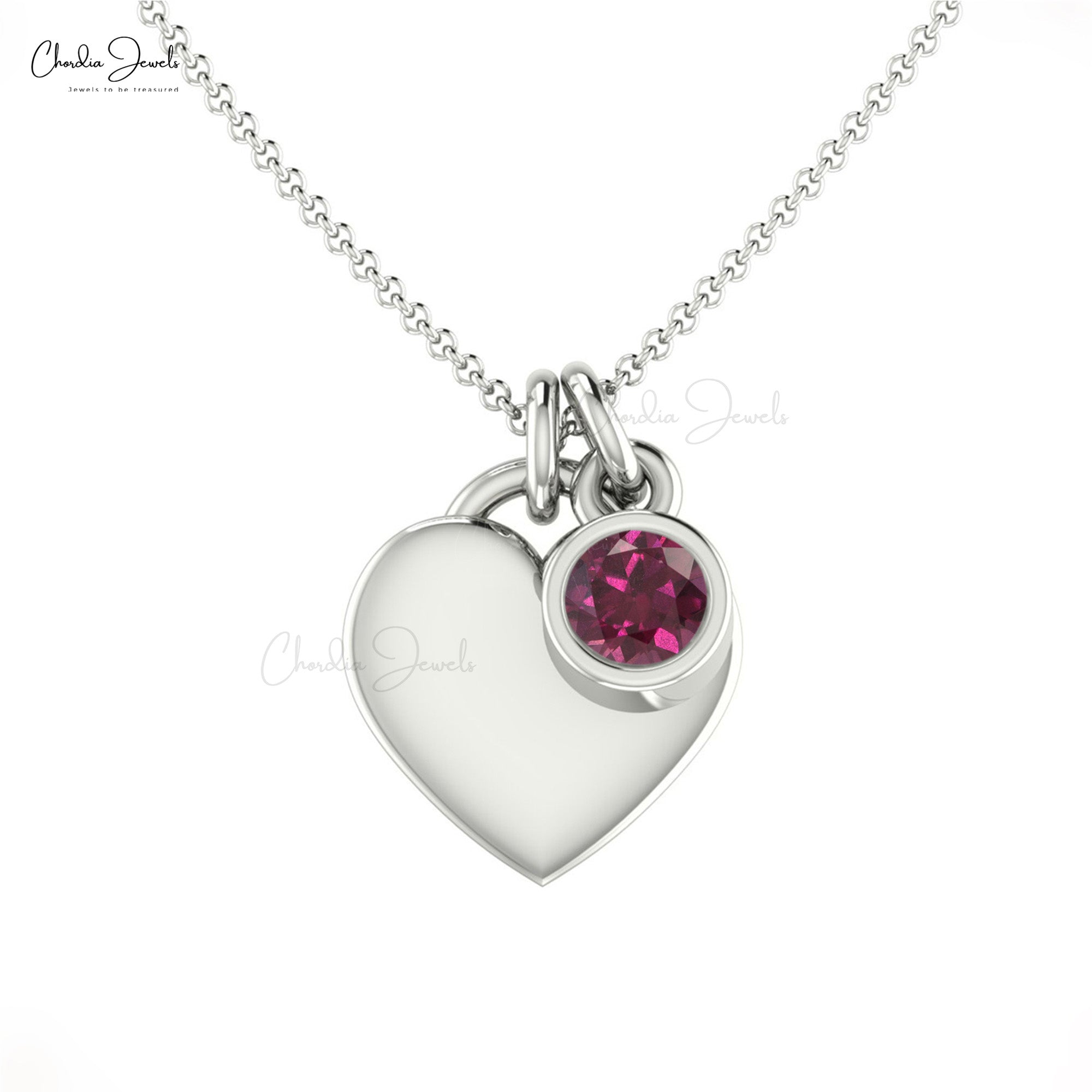 14k Solid Gold Heart Shape Necklace, Natural Rhodolite Garnet Necklace, 3mm  Round Faceted Gemstone Solitaire Necklace