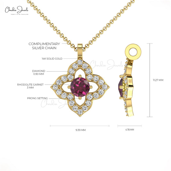 Minimalist 14K Gold Round Rhodolite Garnet & Diamond Pendant