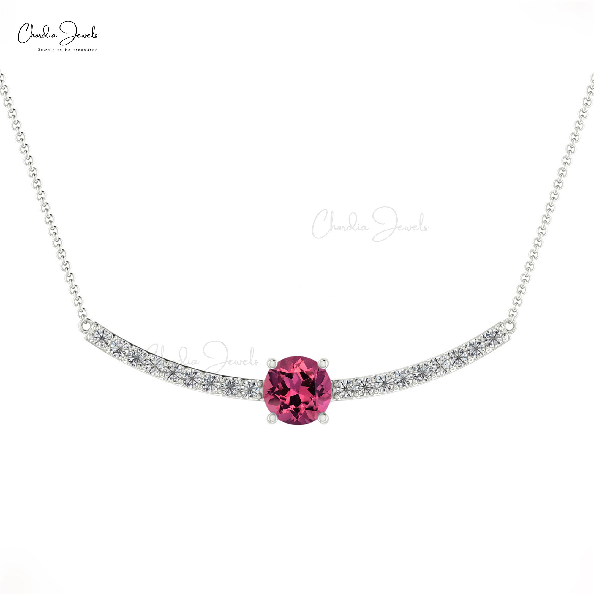 5mm Pink Tourmaline Round Faceted Diamond Necklace in 14k