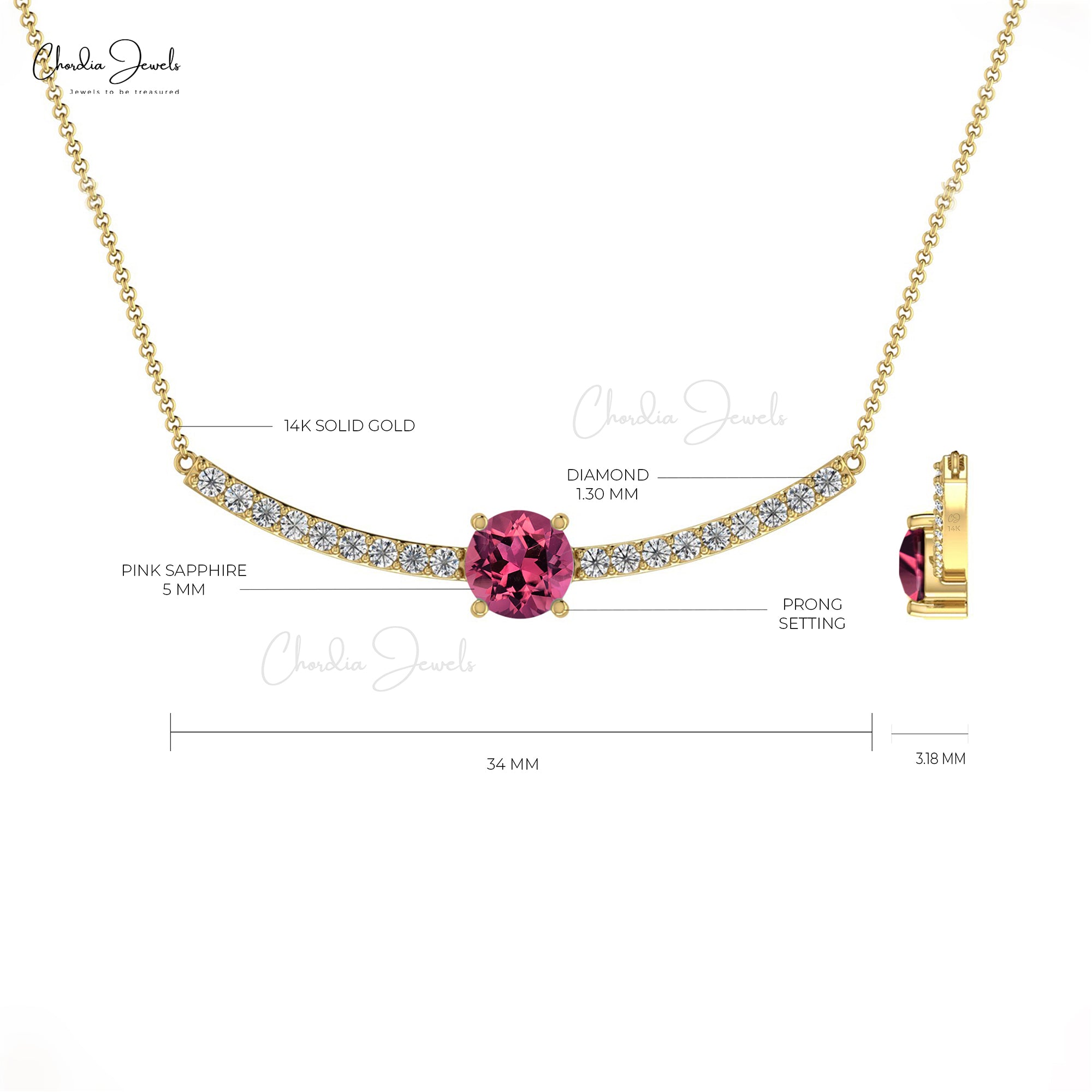 5mm Pink Tourmaline Round Faceted Diamond Necklace in 14k