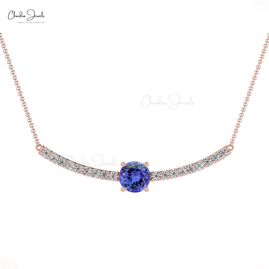 0.49Ct Blue Tanzanite & Diamond Statement Necklace in 14k Real Gold Unique Jewelry