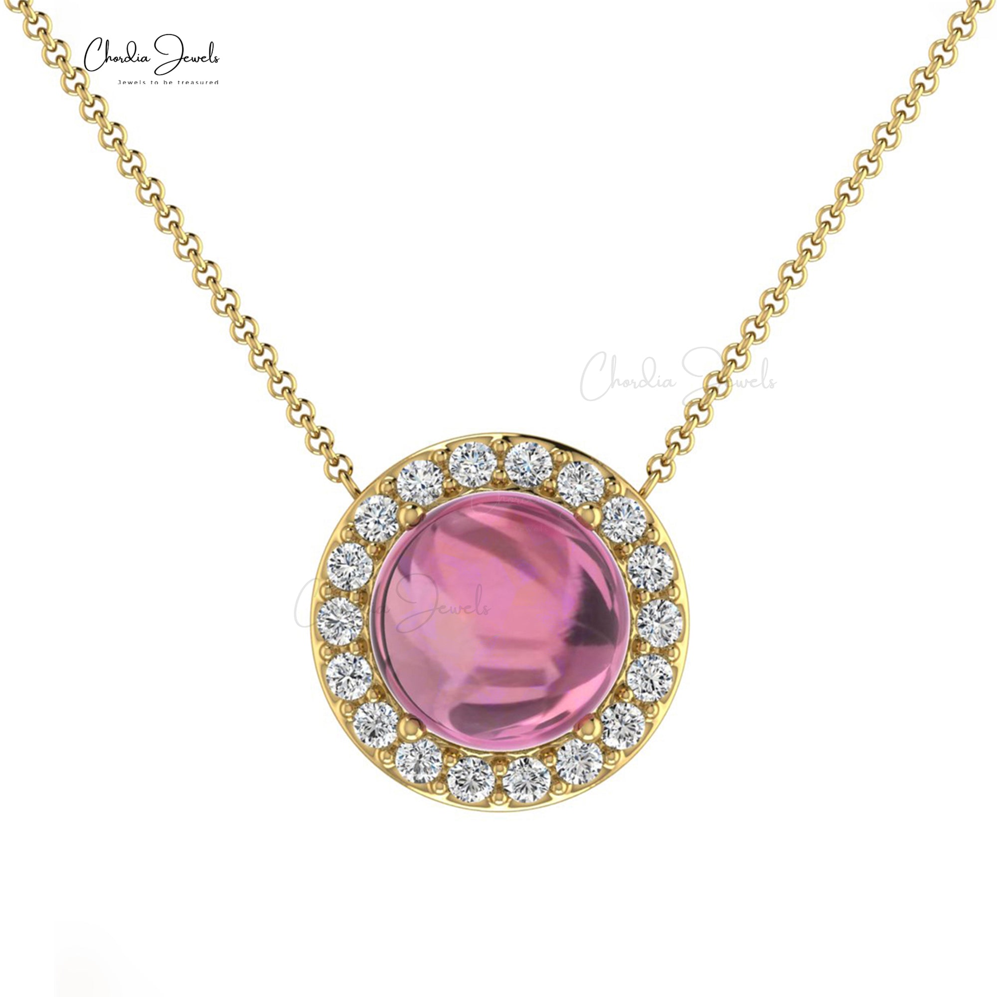 Perfect Pink Tourmaline 6mm Cabochon Necklace in 14k Solid Gold