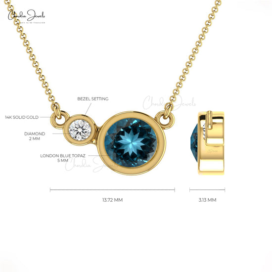 Natural London Blue Topaz Necklace, 5mm Round Faceted Gemstone Necklace, 14k Solid Gold Diamond Necklace Gift for Her