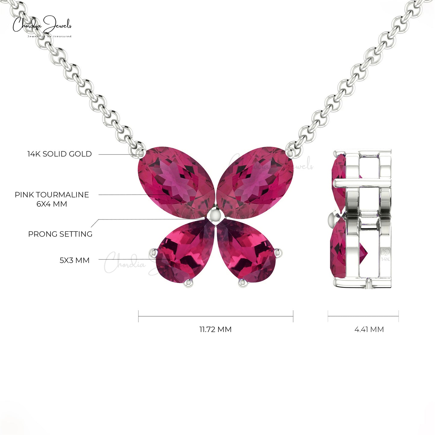 Natural Pink Tourmaline Butterfly Necklace 