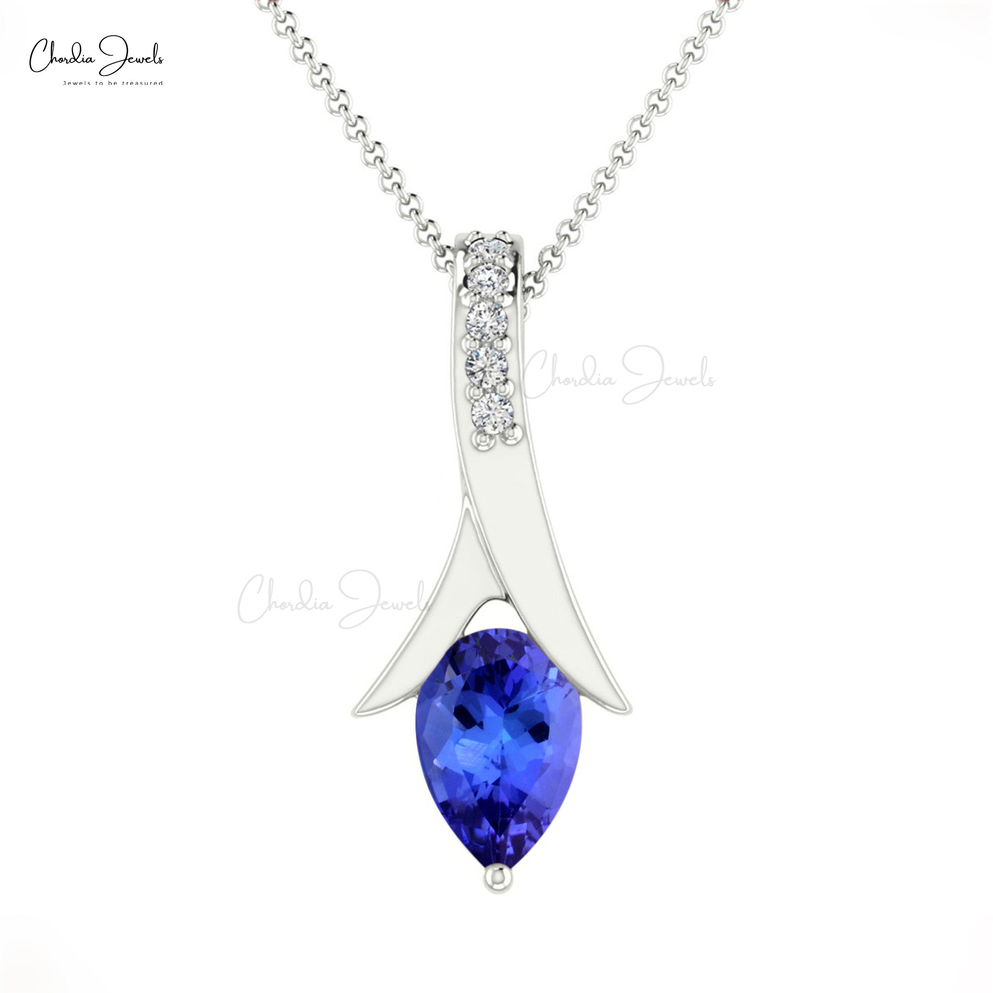 Natural Tanzanite and White Diamond Teardrop Pendant Necklace 14k Solid  Gold Pendant Hallmarked Jewelry For Wedding Gift