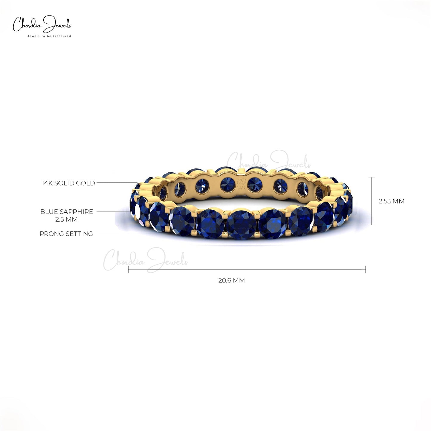 2.50MM Blue Sapphire Eternity Band Ring 14K Solid Gold For Wedding