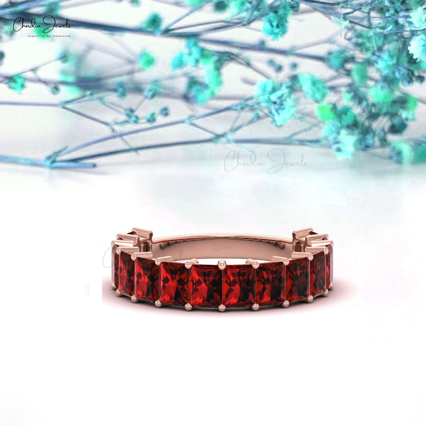 Emerald Cut Natural Garnet Half Eternity Band Ring For Women