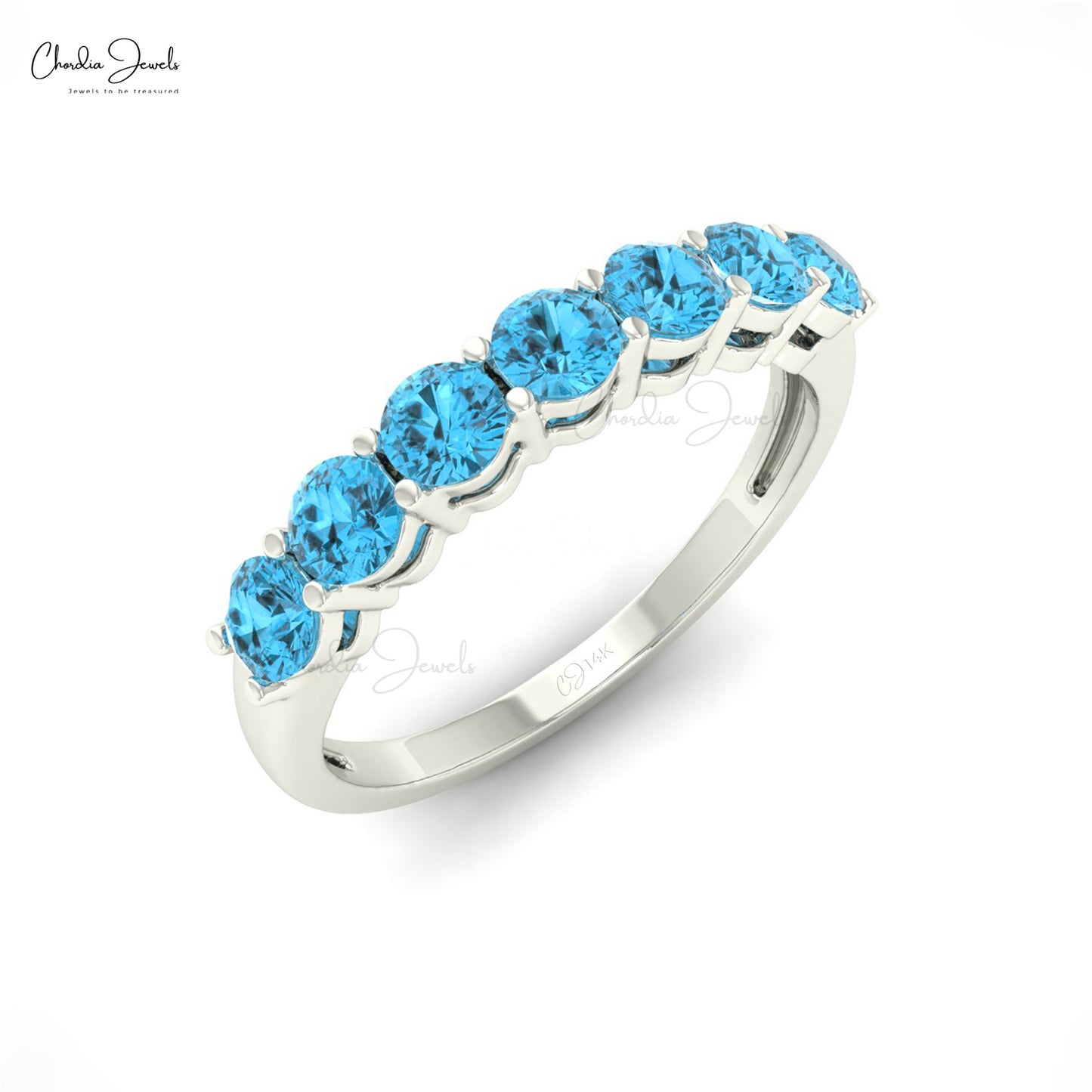 Gemstone Half Eternity Band In 14k Pure Gold Swiss Blue Topaz 7 Stone Rings For Mom