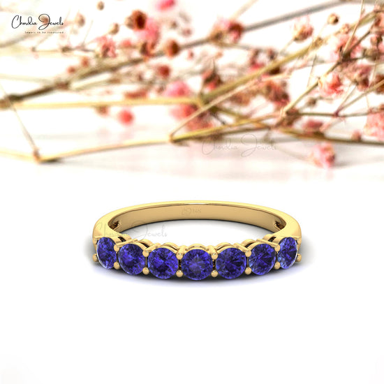 Seven Stone Stackable Ring With Tanzanite Gemstone 14k Real Gold Thin Band Anniversary Ring