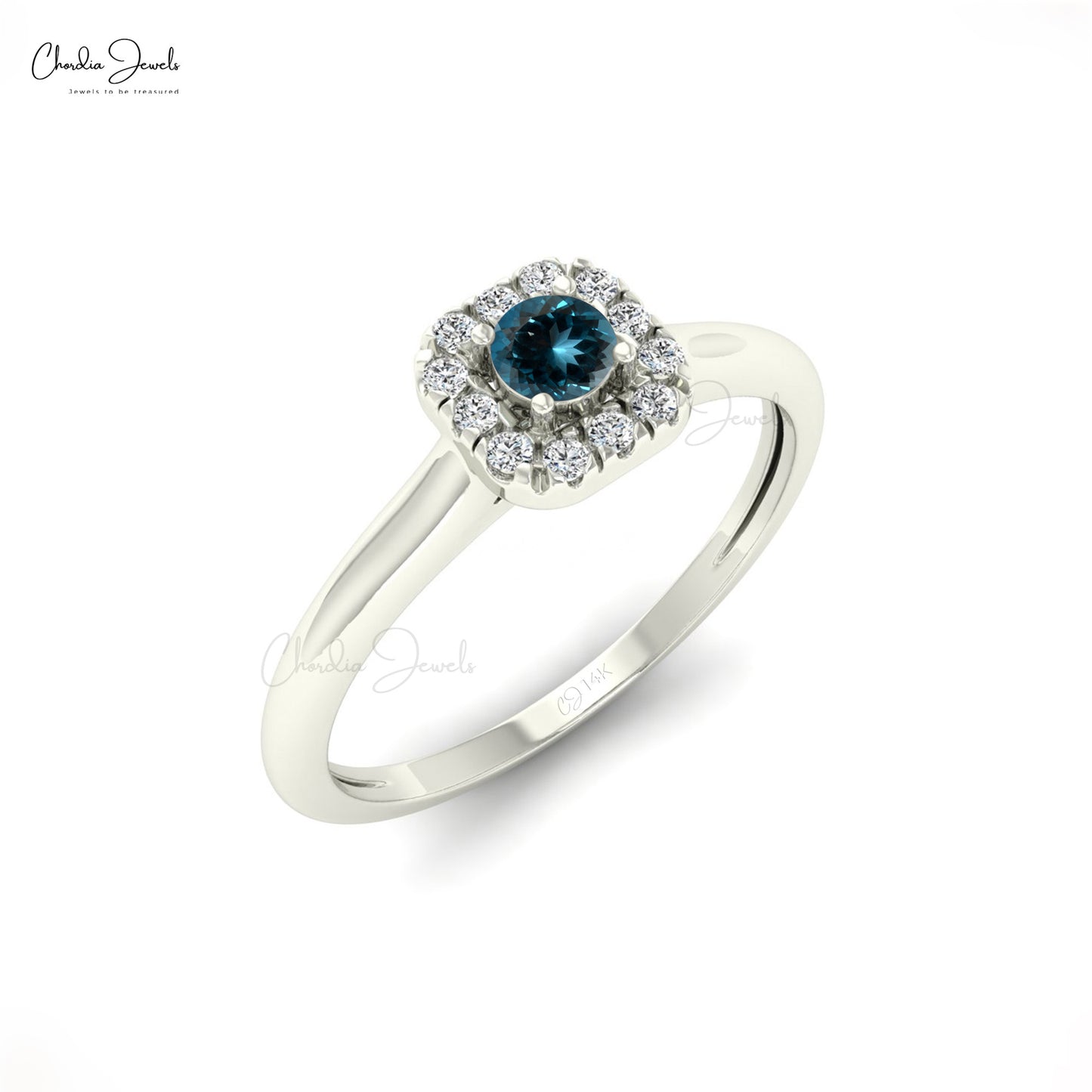 Halo Prong Set Women Ring With 0.13 Ct London Blue Topaz Rings In 14k Pure Gold