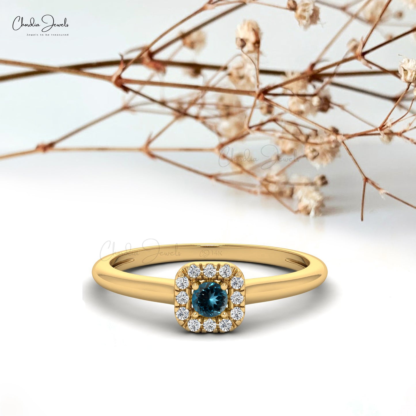 Natural 3mm Round Cut London Blue Topaz and Diamond Halo Ring, 14k Solid Gold Gemstone Dainty Ring For Anniversary Gift