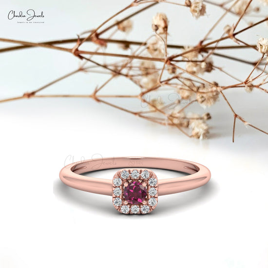 3mm Round Cut Natural Rhodolite Garnet Halo Ring For Her, 14k Solid Gold January Birthstone Gemstone Ring For Birthday Gift