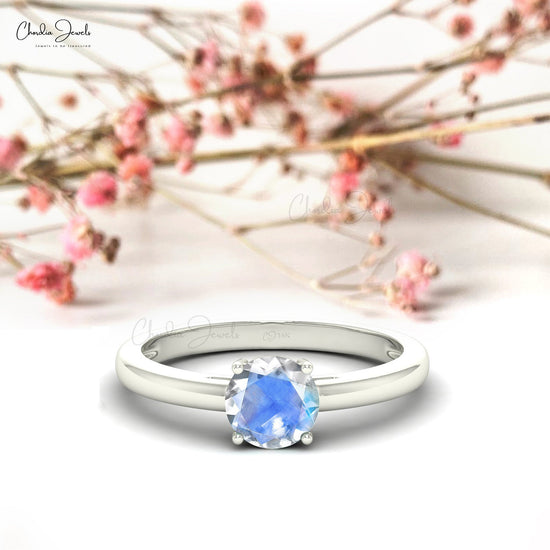 Natural 6mm Round Rainbow Moonstone Solitaire Ring in 14K Solid Gold, June Birthstone Gemstone Ring For Women