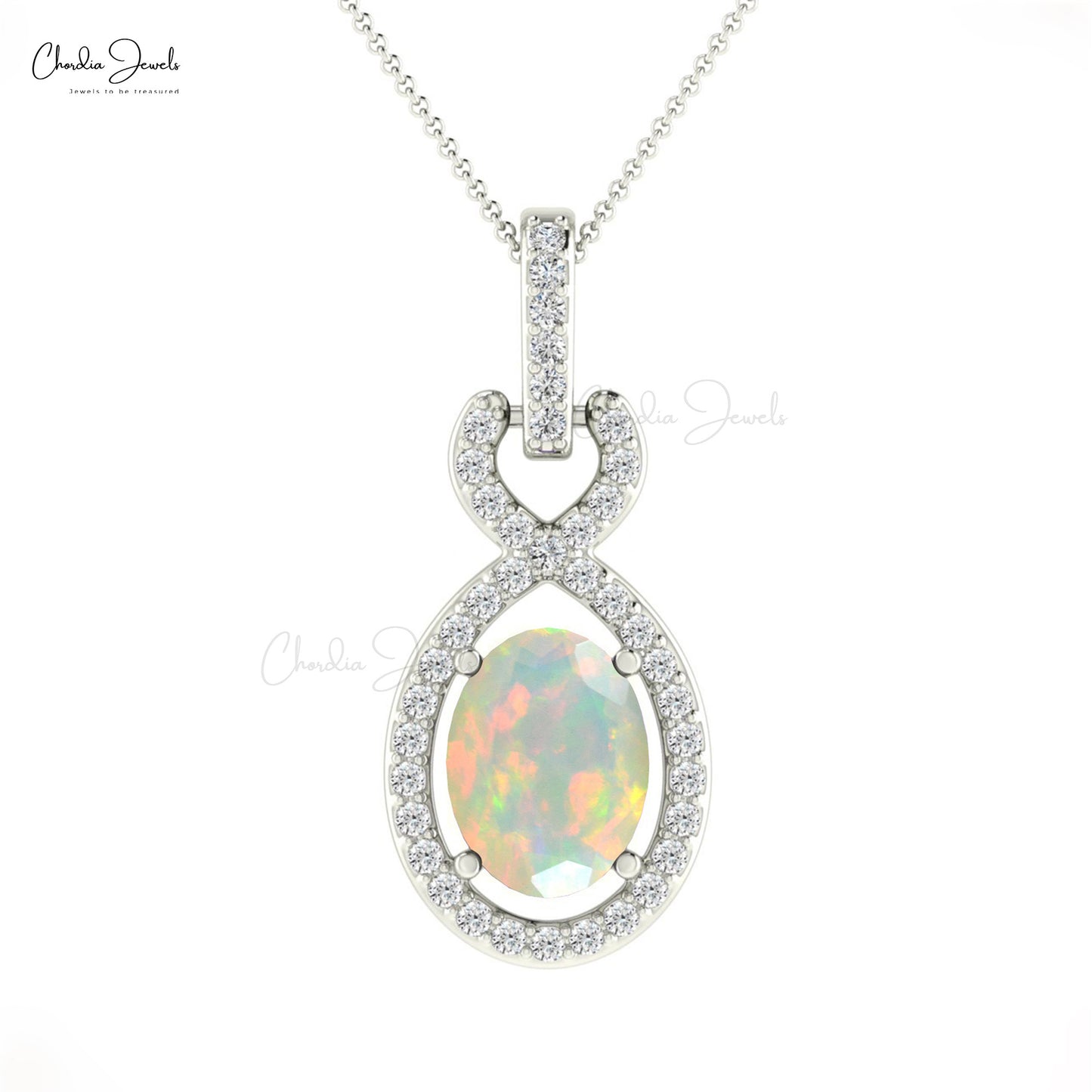 Diamond Halo Infinity Pendant With Fire Opal October Birthstone 14k Real Gold Necklace