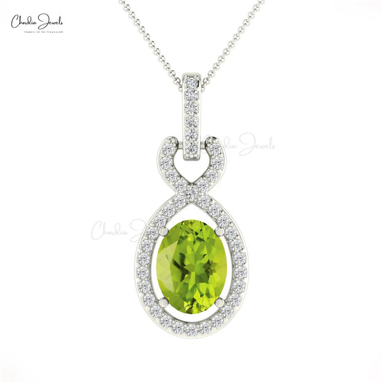 Birthstone Halo Pendant With 7x5mm Peridot And Diamond Infinity Pendants In 14k Real Gold