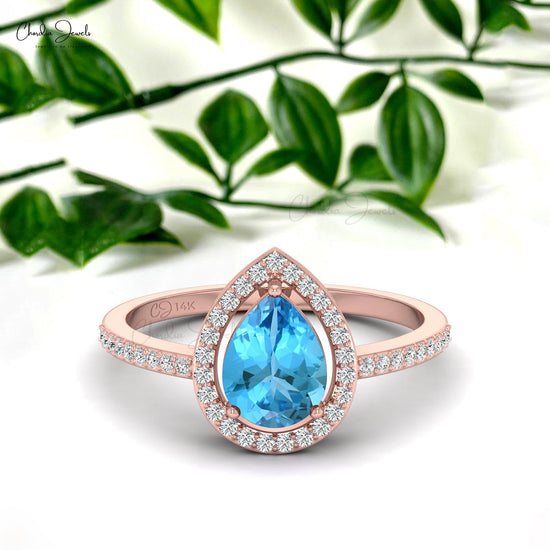 December Birthstone 14K Gold Swiss Blue Topaz Halo Ring For Her