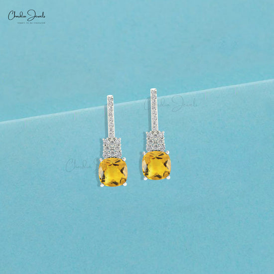 High Class 14K Gold Cushion Cut Citrine & Round Cut Diamond Studded Earring