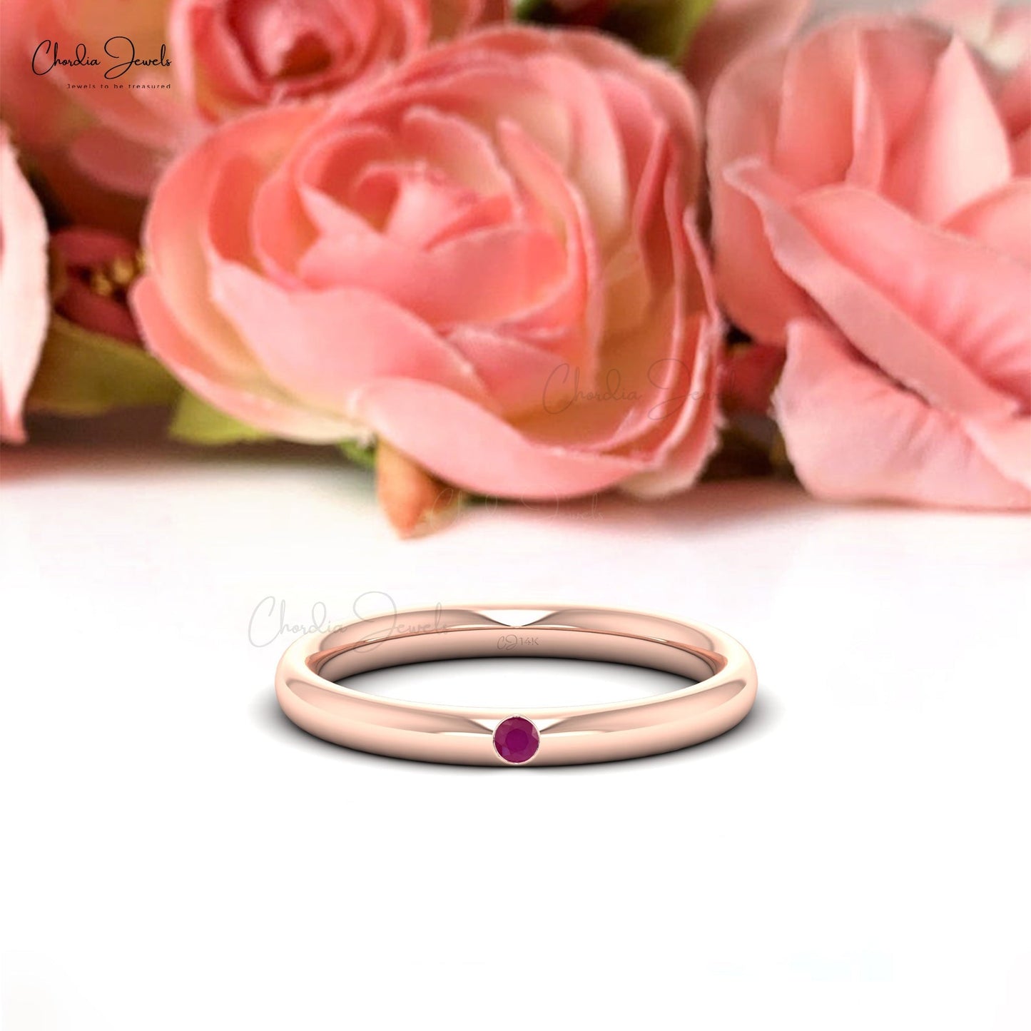 Classic 2mm Round Red Ruby Gemstone Wedding Band Ring