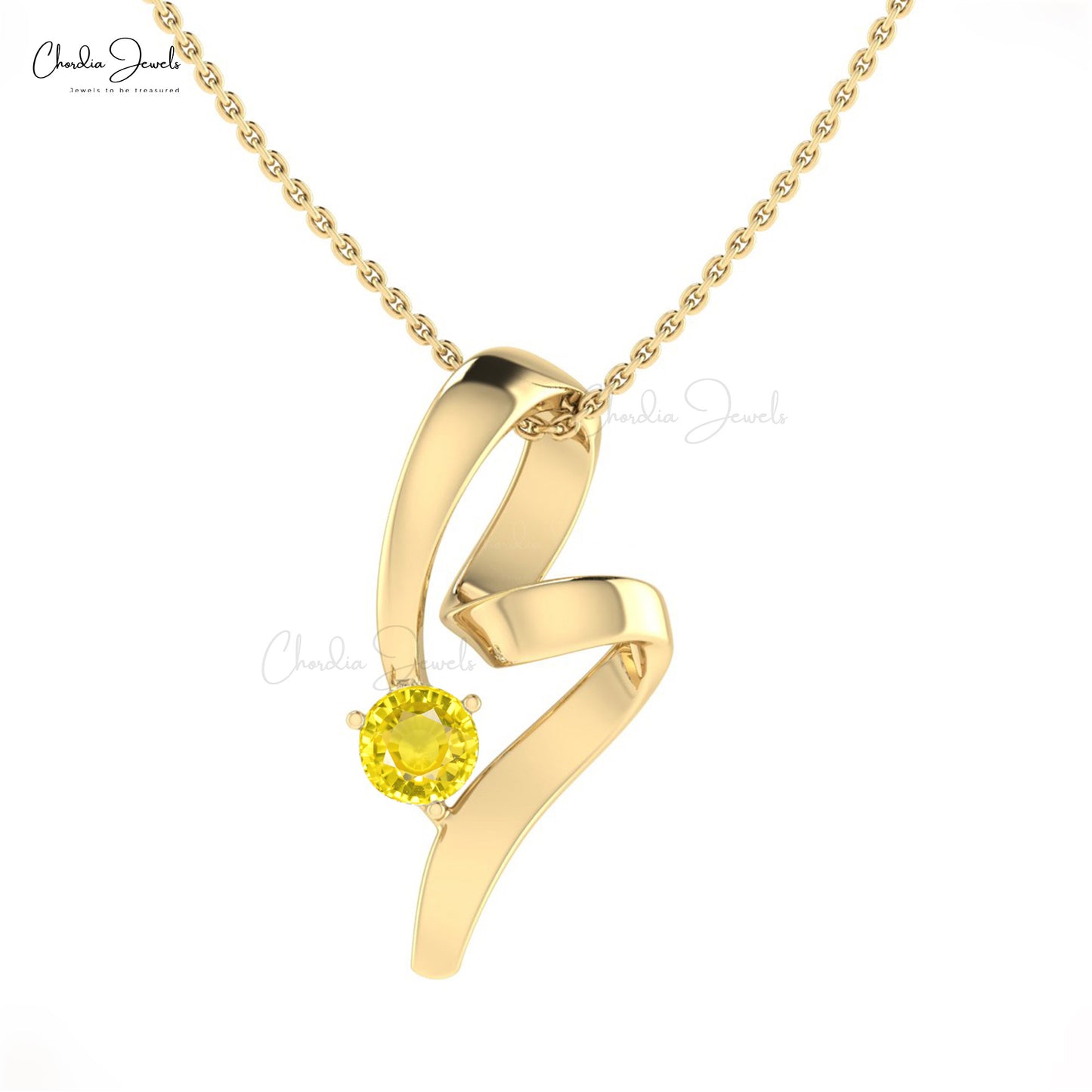 14k Solid Gold Round Natural Yellow Sapphire Twisted Pendant