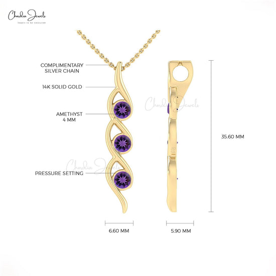 0.66 Carat Natural Amethyst Pendant, 14k Solid Gold 3 Stone Pendant, February Birthstone Pendant Gift for Wife - Chordia Jewels