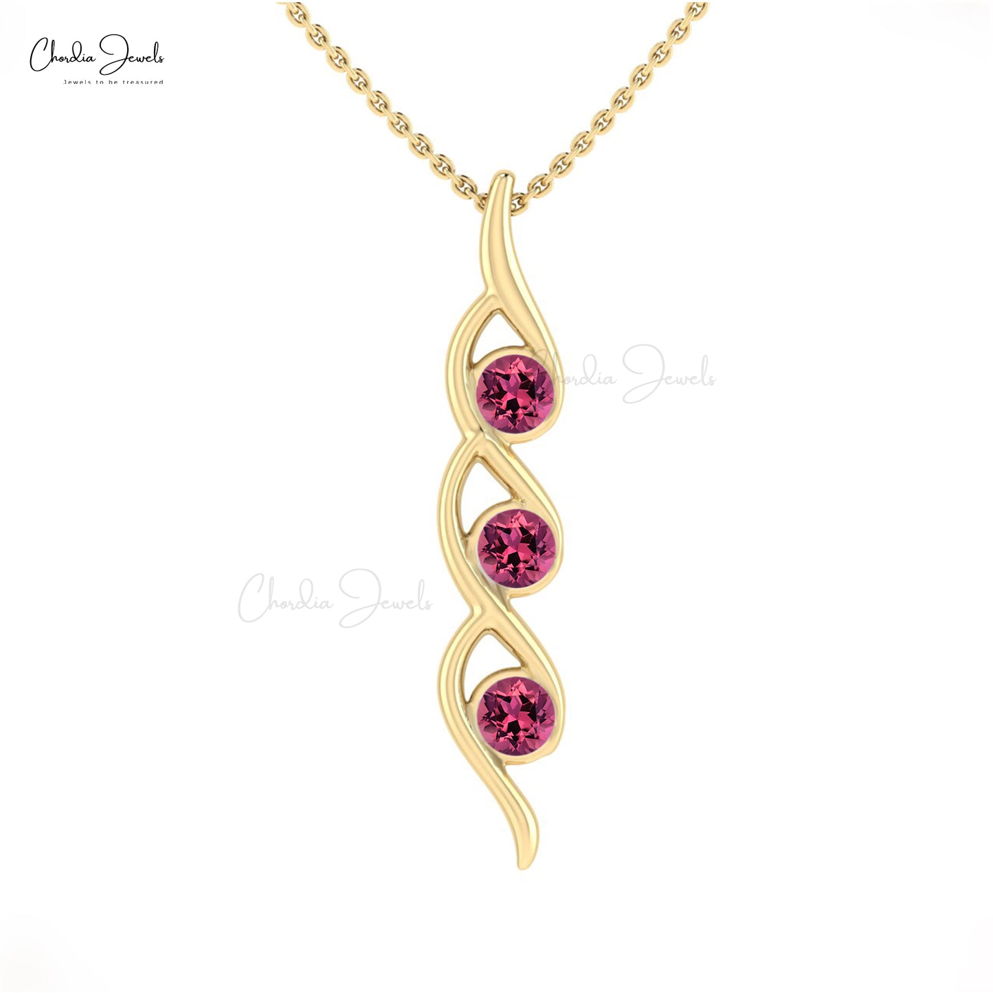 14k Solid Gold Stunning Three-Stone Pink Tourmaline Pendant