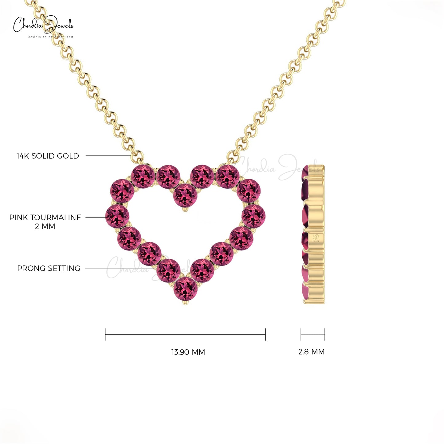 Round Cut Pink Tourmaline Heart Necklace 