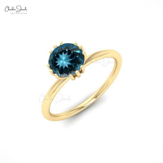 Single Round Cut Solitaire Ring With 6mm London Blue Topaz Prong Set In 14k Pure Gold Ring