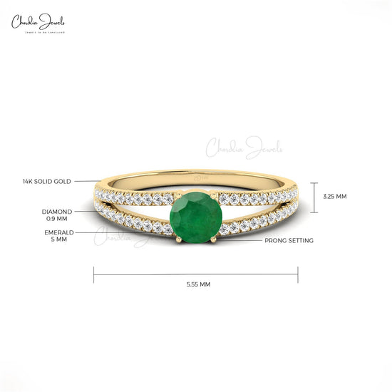 Genuine Round Cut Emerald and Diamond Split Shank Ring14k Solid Gold