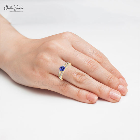 Split Shank Ring With Tanzanite & Diamond Accents 14k Solid Gold Prong Set Light Weight Ring