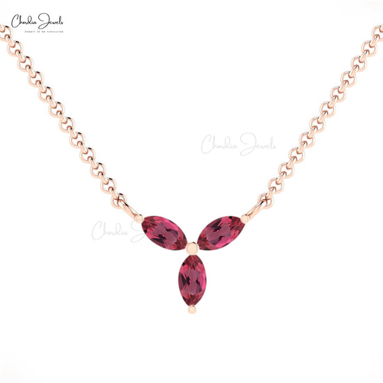 Real 14k Gold 3 Stone Necklace With 0.24 Ct Pink Tourmaline Birthstone Chain Necklace