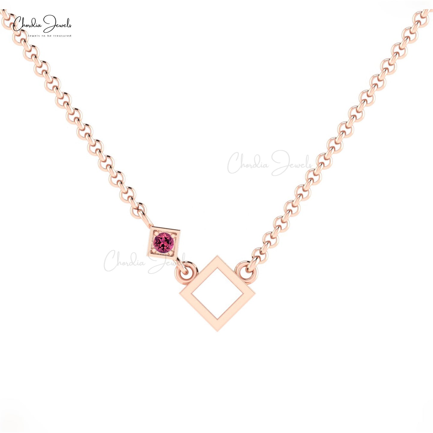 Luxurious Round Cut 2.50mm Natural Pink Tourmaline Open Square Necklace 14k Solid Gold Hallmarked Grace Jewelry