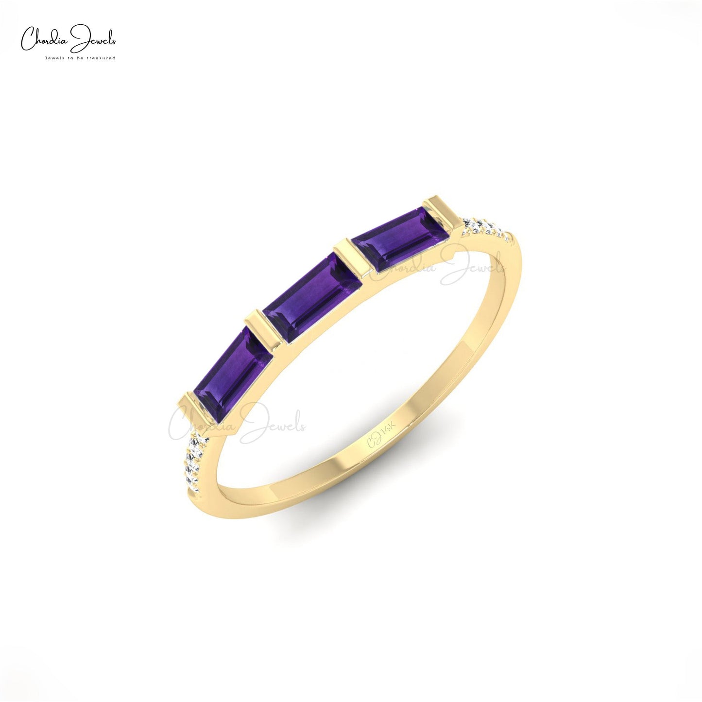 Three Stone 4x2mm Amethyst With Diamond Dainty Ring In 14k Solid Gold Minimal Jewelry