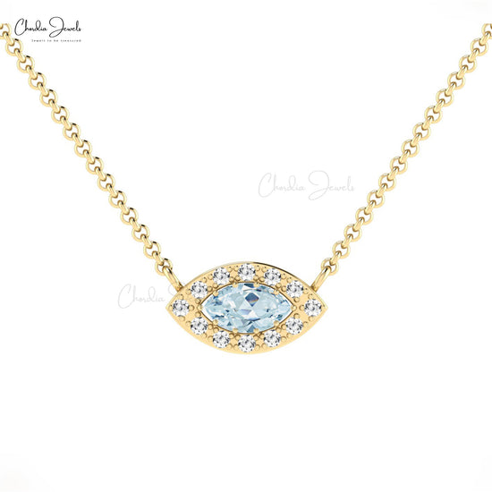 AAA Aquamarine Halo Necklace 14k Solid Gold Diamond Necklace For March Birthstone