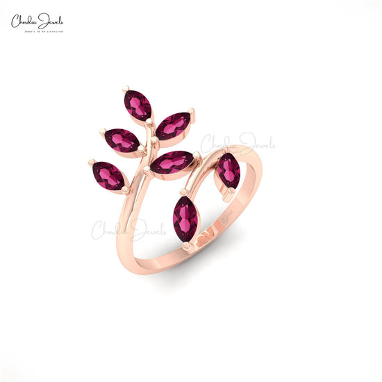 14k Gold Marquise Shape Rhodolite Garnet Leaf Ring