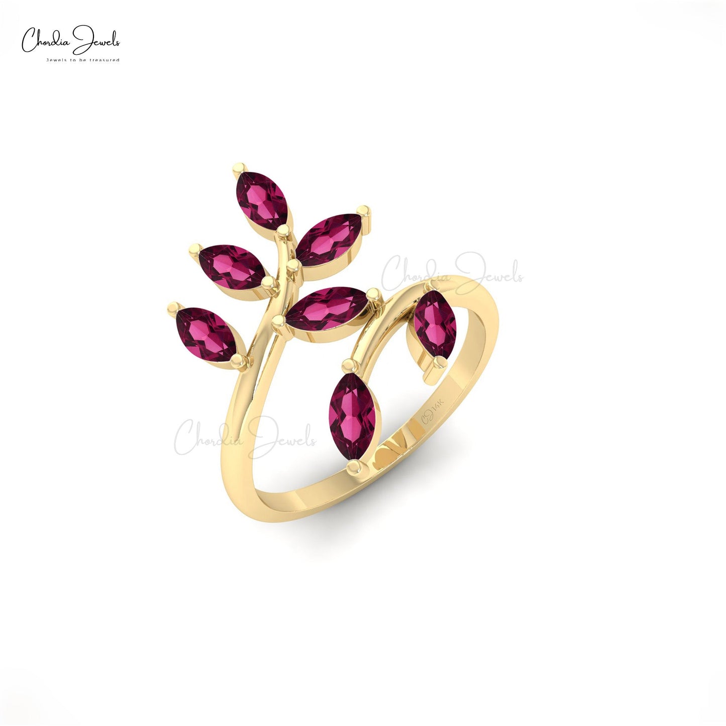 14k Gold Marquise Shape Rhodolite Garnet Leaf Ring