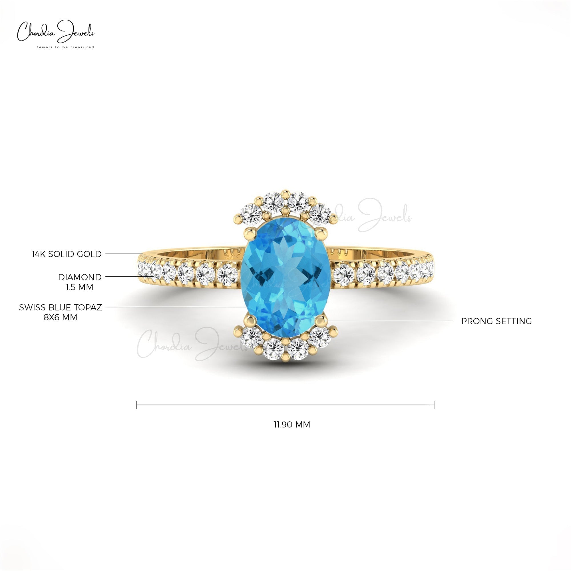 14k Gold Natural Swiss Blue Topaz Diamond Side Stone