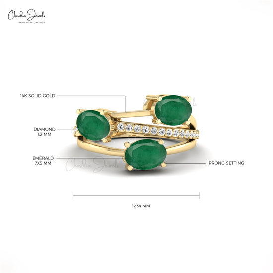 Split Shank Crossover Ring With Emerald Gemstone 14k Solid Gold Diamond Studded Dainty Ring