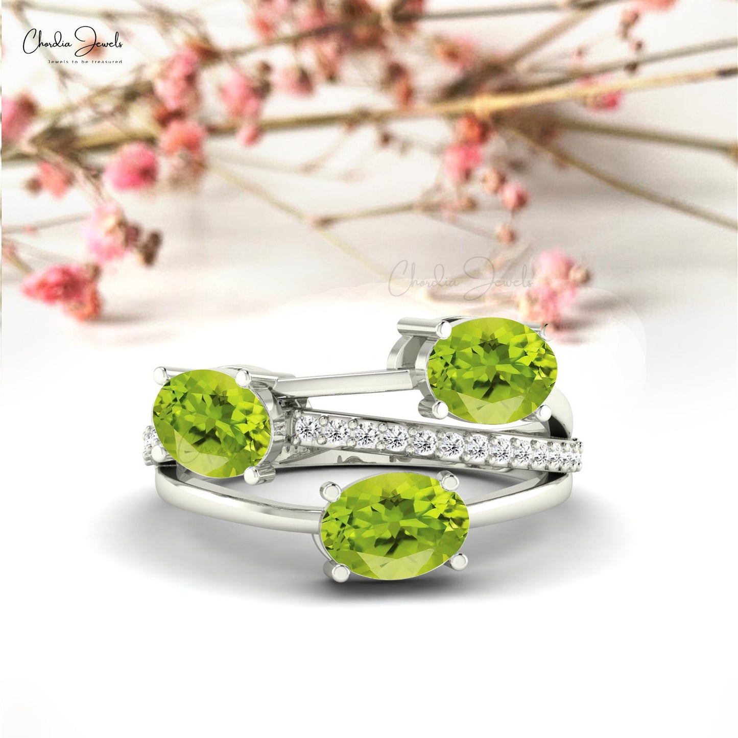 Split Shank 14k Solid Gold Ring With 7x5mm Green Peridot With G-H Diamond Women Ring