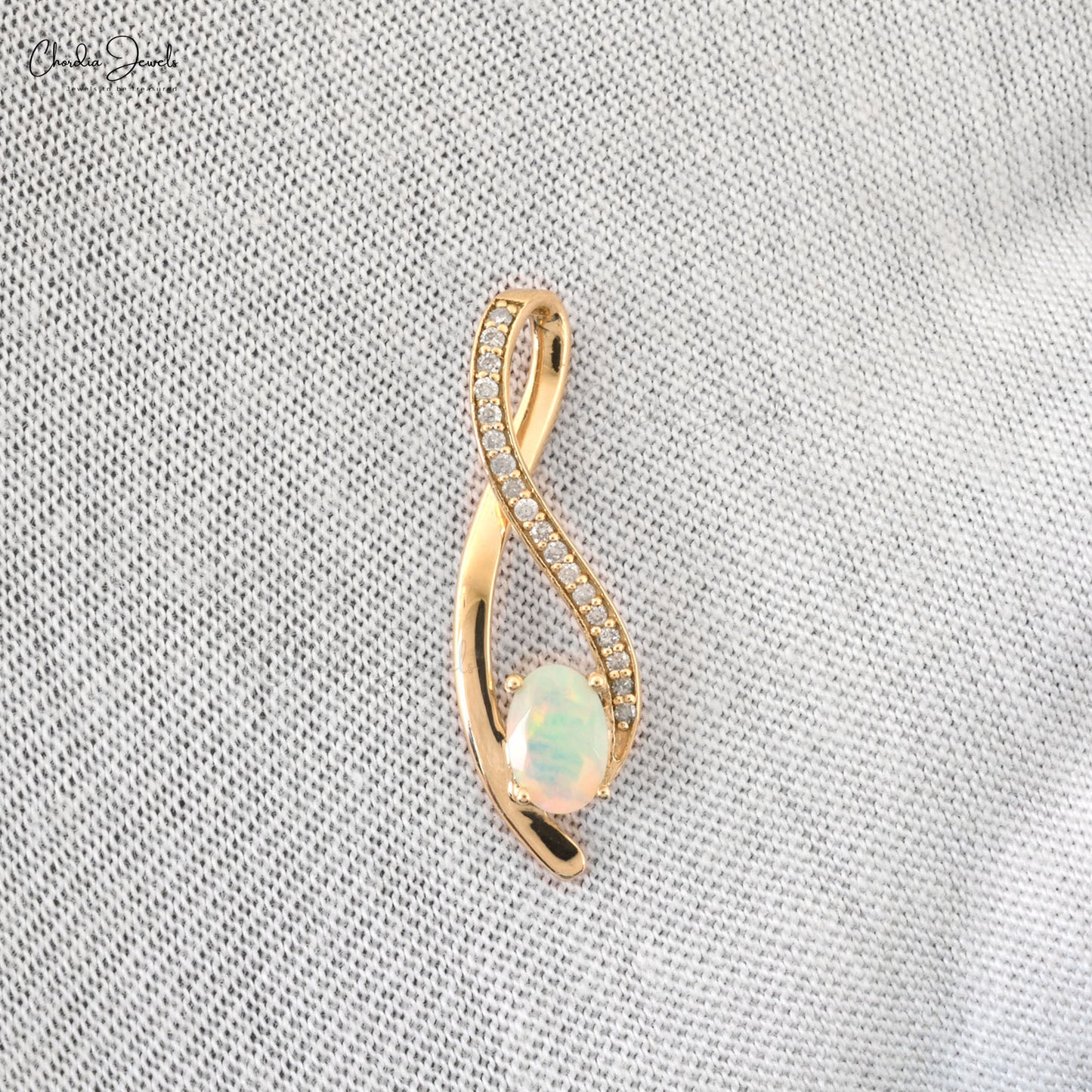 Newly Designed Natural Fire Opal Overplay Pendant Necklace Round White Diamond Pendant in 14 Pure Yellow Gold Valentine's Day Gift For Girlfriend