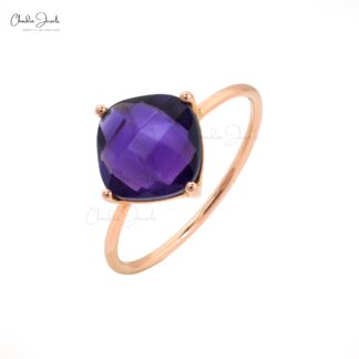 Cushion Cut Minimal Ring With 2.4 Ct Amethyst 14k Rose Gold Engagement Solitaire Rings