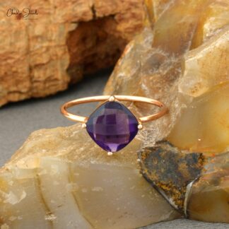Cushion Cut Minimal Ring With 2.4 Ct Amethyst 14k Rose Gold Engagement Solitaire Rings