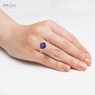 Cushion Cut Minimal Ring With 2.4 Ct Amethyst 14k Rose Gold Engagement Solitaire Rings