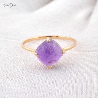 Solid 14K Yellow Gold Solitaire Ring Natural 2.4ct Amethyst Single Stone Ring For Her