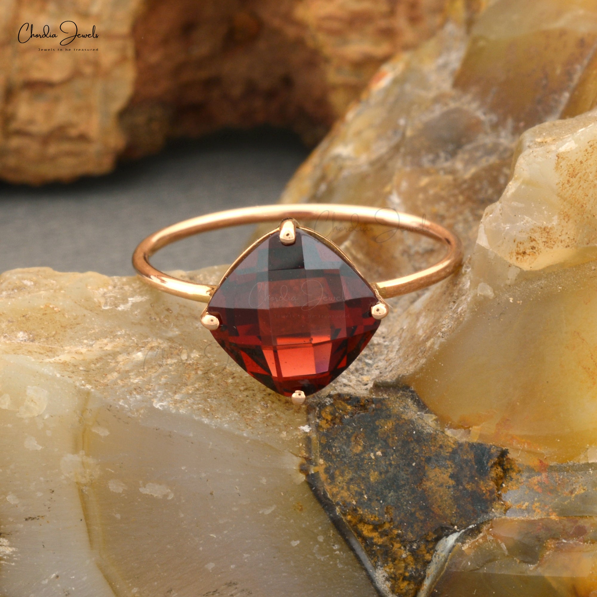 Solitaire Engagement Ring in 14k Rose Gold Red Garnet Hallmarked Rings For Her