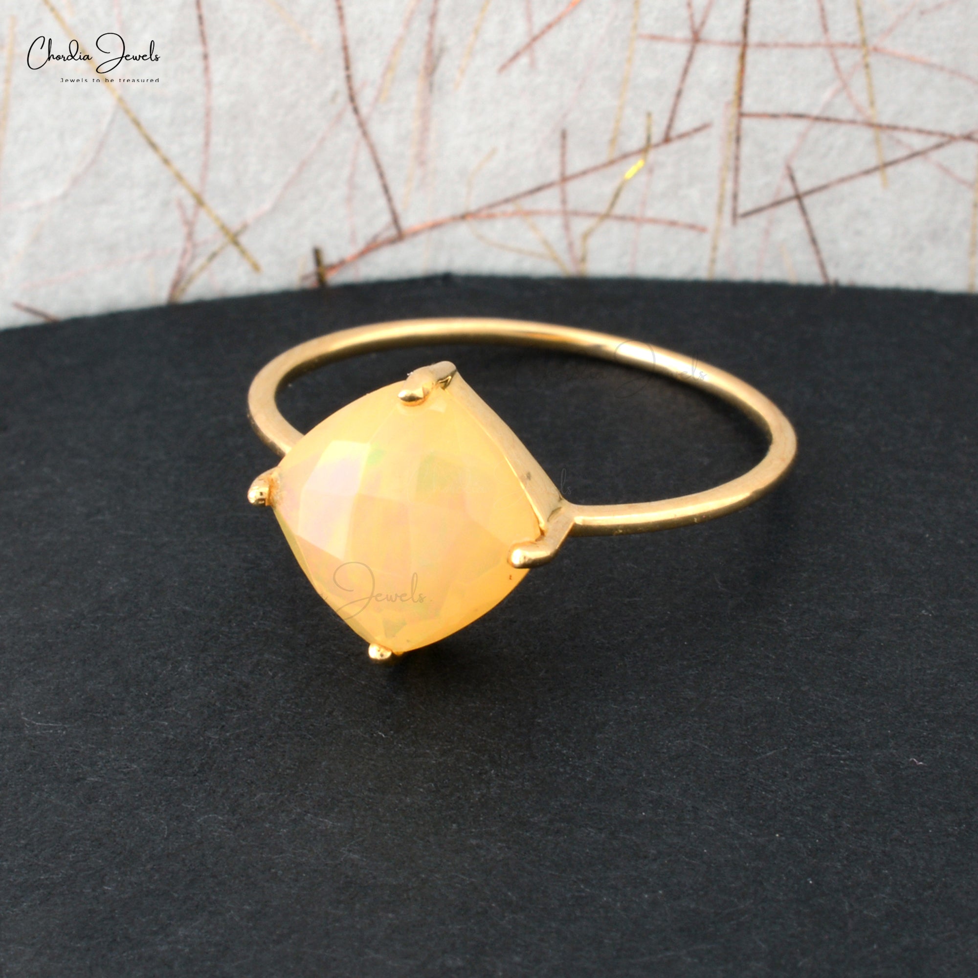 Cushion Cut Gemstone Ring With 2.1 Ct Fire Opal Prong Set in 14k Yellow Gold Rings