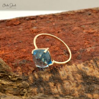 Solitaire Wedding Ring in 14k Real Yellow Gold Swiss Blue Topaz 8mm Gemstone Ring