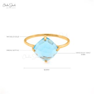 Solitaire Wedding Ring in 14k Real Yellow Gold Swiss Blue Topaz 8mm Gemstone Ring