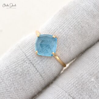 Solitaire Wedding Ring in 14k Real Yellow Gold Swiss Blue Topaz 8mm Gemstone Ring