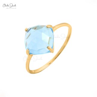 Solitaire Wedding Ring in 14k Real Yellow Gold Swiss Blue Topaz 8mm Gemstone Ring
