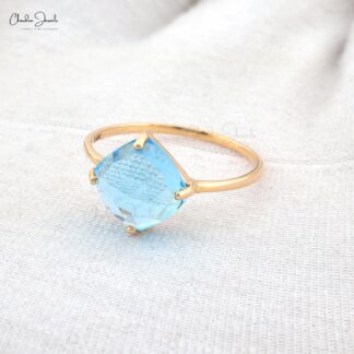 Solitaire Wedding Ring in 14k Real Yellow Gold Swiss Blue Topaz 8mm Gemstone Ring